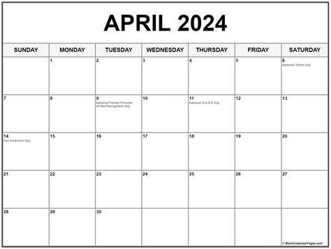 April 2024 Calendar With Holidays Printable