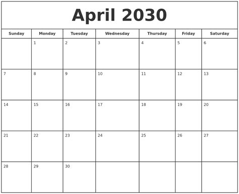 April 2030 Calendar