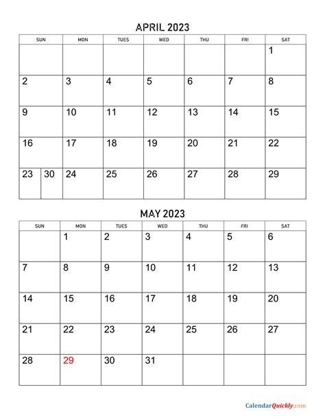 April And May Printable Calendar 2023