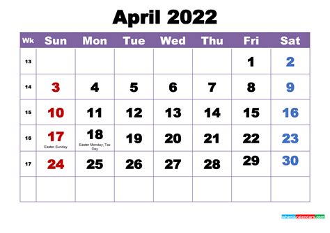 April Printable Calendar 2022