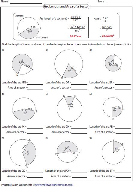 Arc Length And Sector Area Worksheet