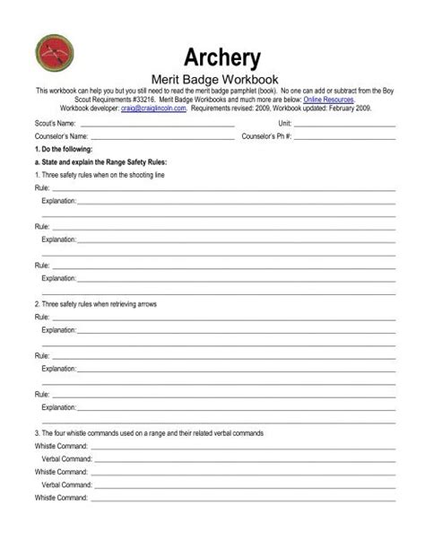 Archery Merit Badge Worksheet