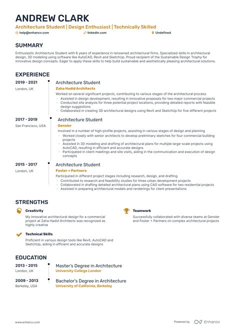 Architecture Student Resume For Internship