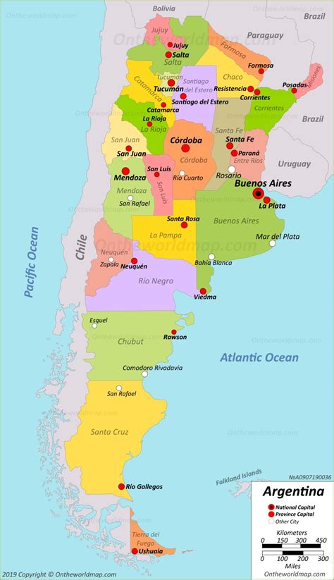 Mapa de Argentina que muestra diferentes ciudades y regiones