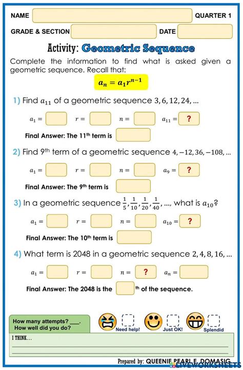 Arithmetic And Geometric Sequences Worksheet Answer Key Algebra 1