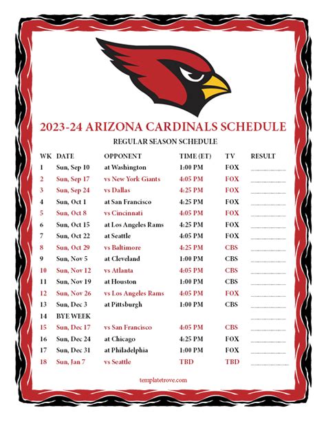 Arizona Cardinals Schedule 2023 24 Printable