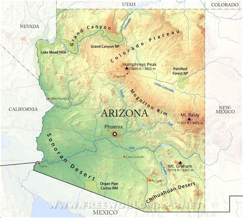 Arizona Physical Map and Arizona Topographic Map