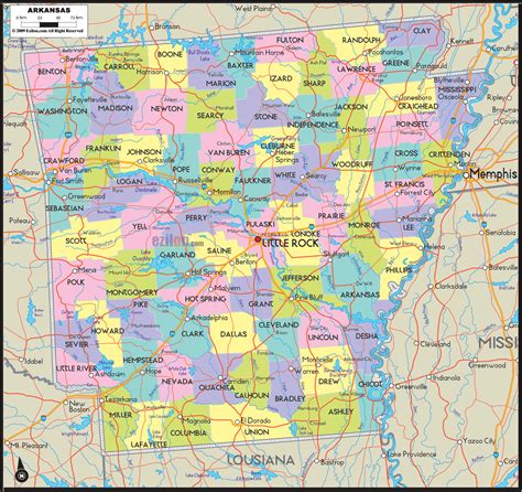 Arkansas with Capital, Counties, Cities, Roads, Rivers & Lakes