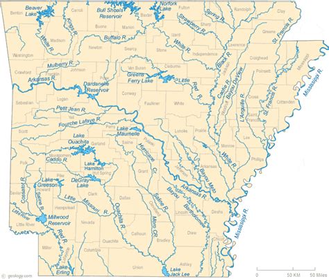 Arkansas Lakes and Rivers Map GIS Geography