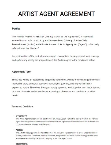 Artist Agent Agreement Template