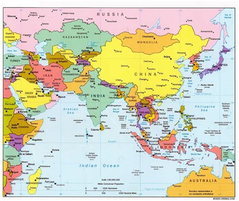 Large detailed political map of Asia with capitals and major cities