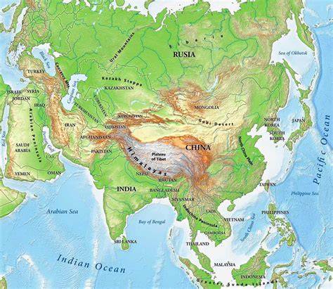 Large detailed political map of Asia with relief, major cities and