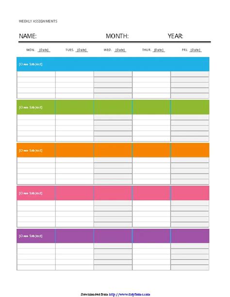 Assignment Calendar Template