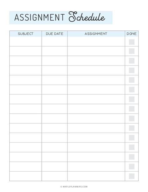 Assignment Schedule Printable