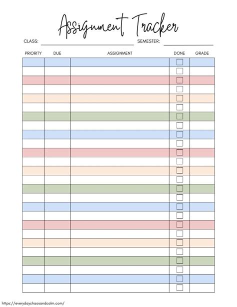 Assignment Tracker Template Printable