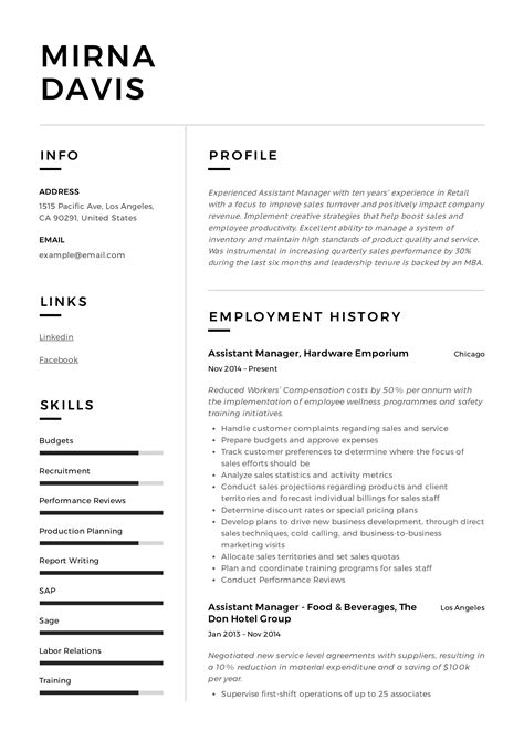 Assistant Manager Sample Resume