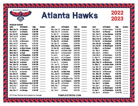 Atlanta Hawks Printable Schedule