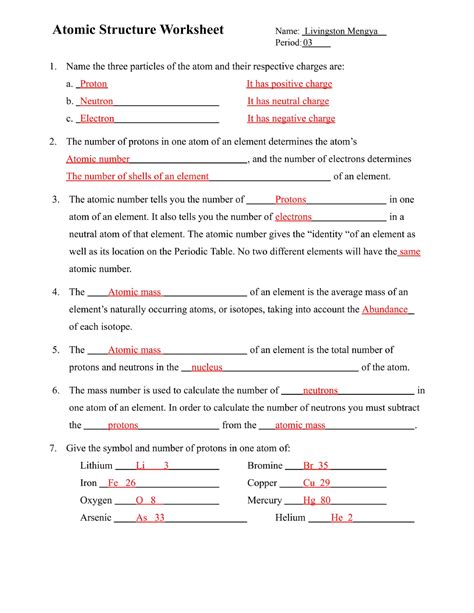 Atomic Structure Worksheet 1 Answer Key