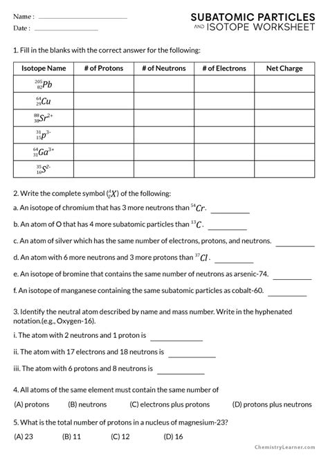 Atoms And Isotopes Worksheet Subatomic Particles Answer Key - worksheet