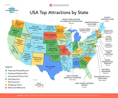 Tourist map of USA tourist attractions and monuments of USA