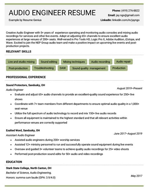 Audio Engineer Resume Sample