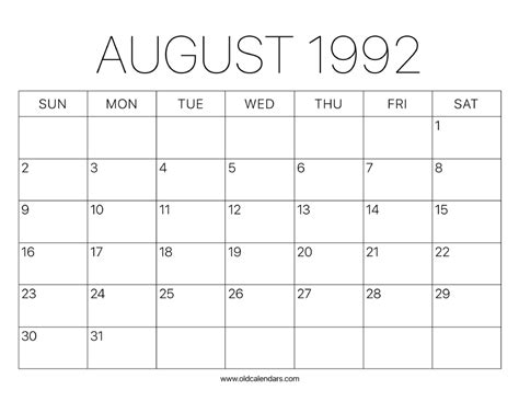 Aug 1992 Calendar