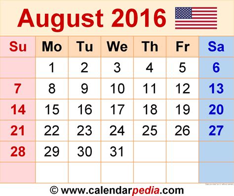 Aug 2016 Calendar