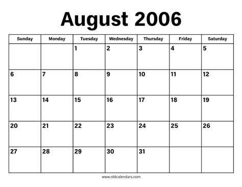 August 2006 Calendar Month