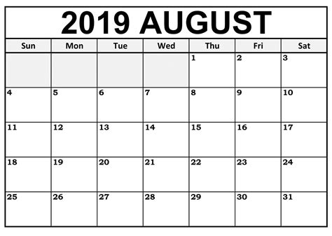August Month Calendar