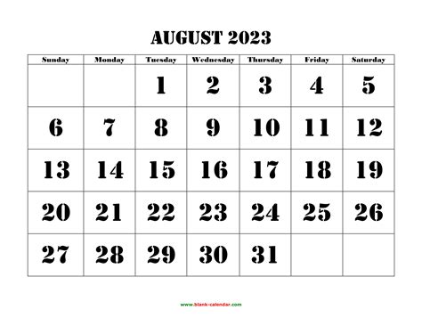 August Month Calendar Printable