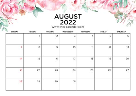 August Monthly Calendar 2022 Printable