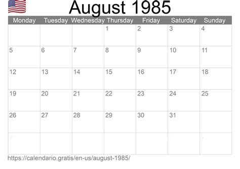 August 1985 Calendar