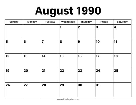 August 1990 Calendar