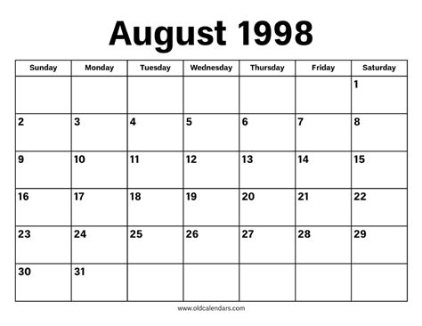 August 1998 Calendar