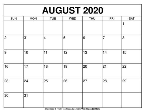 August 202 Calendar