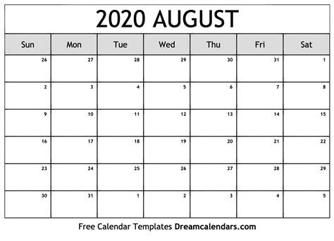 August 2020 Printable Calendar