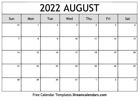 August 2022 Calendar Free Printable