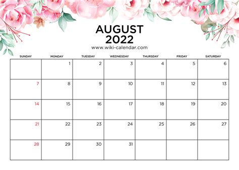 August 2022 Free Calendar Printable