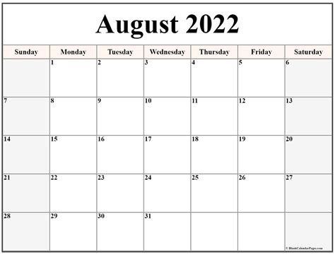 August 2022 Printable Calendar Free