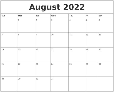 August 2022 Printable Calendar Pdf