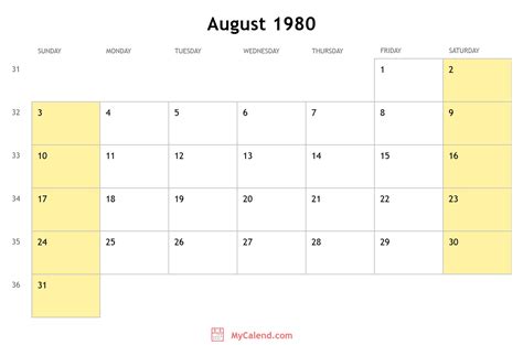 August Calendar 1980