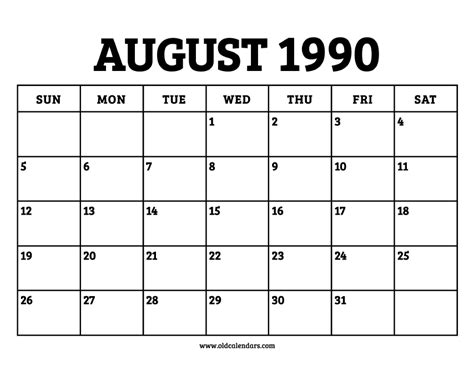 August Calendar 1990