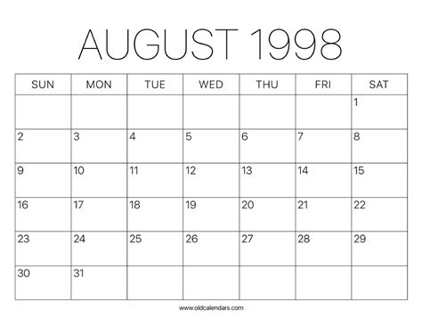 August Calendar 1998