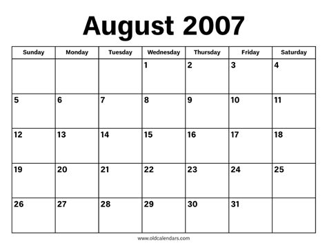 August Calendar For 2007