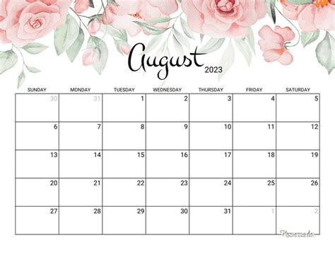 August Month Calendar