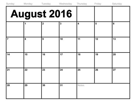 August Month Calendar 2016