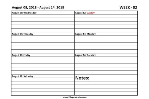August Weekly Calendar