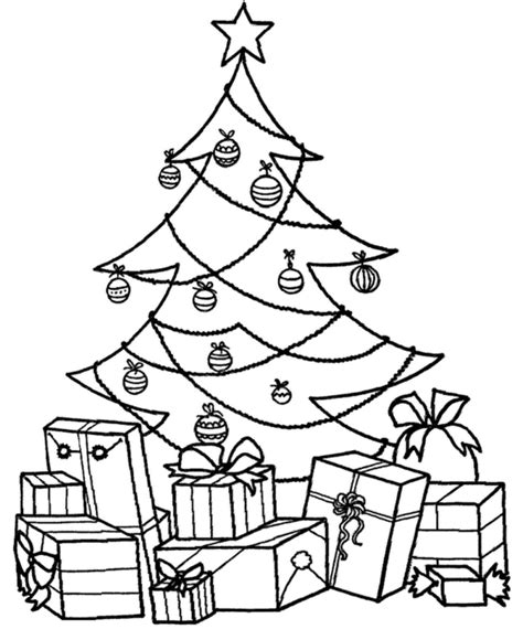 Ausmalbild Weihnachten Weihnachtsbaum mit Geschenken kostenlos
