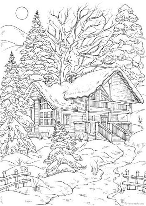 Adult Coloring Book,page an Winter Landscape with House Image for