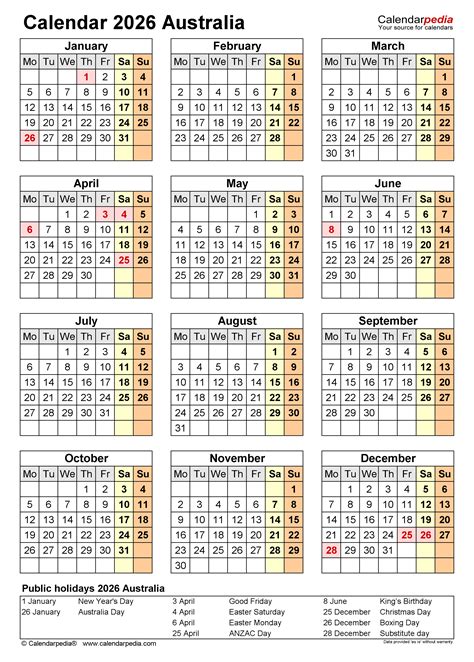 Australian Calendar 2026 Printable